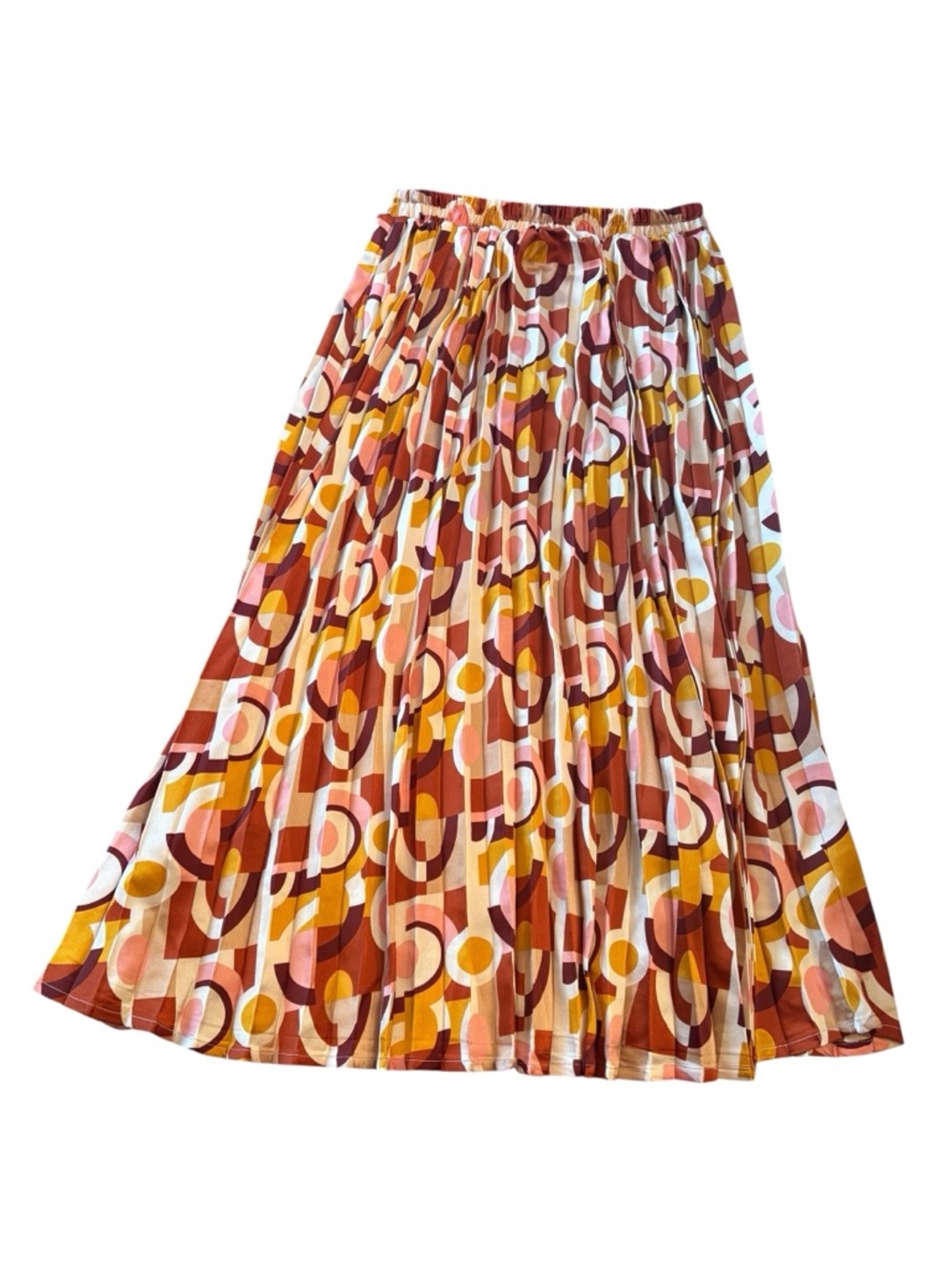 Monteau Retro Geometric Pleated Midi Skirt in Rust, Mustard & Pink - Medium